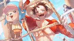 Rule 34 | 1girl, 3boys, antlers, arms up, bird, black hair, blue sky, blush, commentary request, cropped jacket, eyewear on head, facial scar, hair slicked back, hat, highres, horns, jacket, long hair, monkey d. luffy, multiple boys, nico robin, nico robin (return to sabaody), one piece, outdoors, pink sarong, ratline, red shirt, reindeer antlers, sarong, sc scandium, scar, scar on cheek, scar on chest, scar on face, shirt, short-sleeved jacket, short hair, short sleeves, shroud (sailing), sky, smile, straw hat, striped clothes, sunglasses, tony tony chopper, usopp, vertical-striped clothes