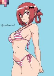 1girl arms_behind_back bat_hair_ornament bikini blue_background blush breasts collarbone color_guide english_text frown gabriel_dropout hair_ornament hair_rings looking_back looking_to_the_side medium_breasts multicolored_bikini navel nevtelen pink_bikini pink_eyes red_hair satanichia_kurumizawa_mcdowell short_hair side-tie_bikini_bottom sideboob simple_background solo swimsuit twitter_username underboob watermark white_bikini