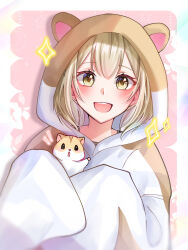 1girl animal animal_costume animal_ears azusawa_kohane blonde_hair blurry_edges blush commentary_request fake_animal_ears hamster hamster_costume highres holding holding_animal long_hair long_sleeves looking_at_viewer open_mouth project_sekai shiraruri sleeves_past_fingers sleeves_past_wrists smile solo twintails upper_body yellow_eyes