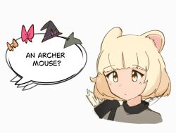 Rule 34 | 1girl, animal ears, arrow (projectile), black hat, blonde hair, bow, closed mouth, commentary, dancer rabbit, druid rabbit, english commentary, english text, expressionless, grey shirt, hat, hat bow, headscarf, heavyblade rabbit, looking at viewer, mouse ears, mouse girl, nimi the archer mouse, orange bow, phineas and ferb, pink bow, purple bow, quiver, rabbit and steel, rei (reileky), shirt, short hair, simple background, solo, upper body, white background, witch hat, wizard rabbit, yellow eyes