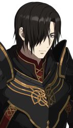 Rule 34 | 1boy, armor, black armor, breastplate, closed mouth, commentary request, curtained hair, grey eyes, hair behind ear, hair over one eye, highres, knight, korean commentary, looking ahead, mabinogi, male focus, one eye covered, pauldrons, ray (lthenray), shoulder armor, simple background, solo, upper body, vayne (mabinogi), white background