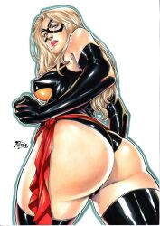 1girl aqua_eyes artist_request ass ass_focus bare_shoulders black_gloves black_thighhighs blonde_hair blue_eyes breasts breasts_apart butt_crack carol_danvers cowboy_shot curvy domino_mask elbow_gloves female_focus gloves groin halterneck highleg highleg_leotard highres hip_bones hip_focus huge_ass impossible_clothes large_breasts leotard lightning_bolt_symbol lips long_hair looking_at_viewer marvel mask ms._marvel ms._marvel_(series) shiny_skin skindentation solo standing superhero_costume thigh_gap thighhighs thong_leotard traditional_media turtleneck white_background wide_hips