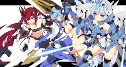 3girls abs bare_shoulders black_panties black_tube_top blue_eyes breasts brown_jacket demon_horns denim denim_shorts emika_(starward) fur-trimmed_jacket fur_trim highleg highleg_panties highres holding holding_weapon horns jacket large_breasts long_hair mecha_musume multiple_girls muscular muscular_female navel panties petite red_hair revealing_clothes rhine_(starward) short_hair shorts simple_background sky_saber_(starward) small_breasts starward stomach strapless suiu_shinotsuku thighhighs tube_top twintails underwear weapon white_thighhighs zettai_ryouiki