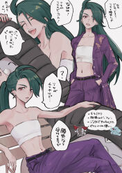 1girl absurdres creatures_(company) crop_top delinquent donphan earrings flat_chest game_freak gen_2_pokemon green_hair highres jacket jewelry long_hair mtkpasta narrow_waist navel_piercing nintendo pants phanpy piercing pokemon pokemon_sv ponytail purple_jacket purple_pants red_eyes rika_(pokemon) skinny smile speech_bubble strapless sukeban translation_request triangle_earrings tube_top