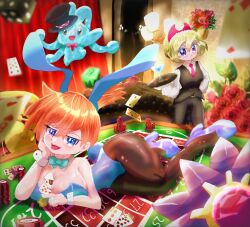 2girls animal_ears ass asymmetrical_hair bare_shoulders black_vest blonde_hair blue_eyes blue_leotard blush bow bowtie breasts card card_(object) casino cleavage closed_mouth club_(shape) creatures_(company) cup detached_collar fake_animal_ears flower game_freak gen_1_pokemon gen_4_pokemon hair_between_eyes hat highres holding holding_card indoors irida_(pokemon) large_breasts legendary_pokemon leotard looking_at_viewer lying manaphy misty_(pokemon) multiple_girls mythical_pokemon necktie nintendo on_side on_stomach open_mouth orange_hair pants pantyhose playboy_bunny playing_cards pokemon poker_chip ponytail rabbit_ears red_flower shirt shoes short_hair side_ponytail smile standing starmie strapless strapless_leotard table tongue tongue_out top_hat traditional_bowtie tray vest white_shirt wrist_cuffs
