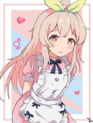 1girl ahoge apron blonde_hair blue_bow blue_ribbon blush bow brown_eyes closed_mouth collared_dress cowboy_shot cruvie dress flat_chest frilled_apron frills hair_bow hairband heart highres inset_border long_hair looking_at_viewer male-female_symbol neck_ribbon onii-chan_wa_oshimai! out_of_frame oyama_mahiro oyama_mihari parted_bangs pink_dress ribbon short_sleeves signature simple_background solo wavy_mouth white_apron yellow_hairband