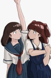 beads blush brown_eyes brown_hair hand_up highres looking_at_another maison_ikkoku miyake_shinobu poppowerhearts sailor sailor_collar short_twintails simple_background twintails urusei_yatsura white_background yagami_ibuki