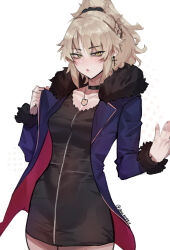 1girl abs absurdres alter_servant alternate_costume artist_name black_choker black_dress black_scrunchie blonde_hair breasts choker cleavage collarbone cosplay cross cross_earrings deccatezu dress earrings fate/grand_order fate_(series) fur-trimmed_jacket fur_trim high_ponytail highres jacket jeanne_d&#039;arc_alter_(avenger)_(fate) jeanne_d&#039;arc_alter_(fate) jeanne_d&#039;arc_alter_(ver._shinjuku_1999)_(fate) jeanne_d&#039;arc_alter_(ver._shinjuku_1999)_(fate)_(cosplay) jewelry medium_breasts mordred_(fate) mordred_(fate/apocrypha) necklace ponytail scrunchie tight_clothes tight_dress toned toned_female yellow_eyes
