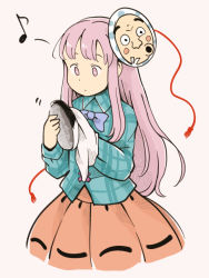 1girl :o blush_stickers bow bowtie bubble_skirt chii-kun_(seedyoulater) cleaning cleaning_rag collared_shirt expressionless female_focus hata_no_kokoro holding holding_mask long_hair long_sleeves mask mask_on_head musical_note pink_background pink_eyes pink_hair plaid_clothes plaid_shirt quaver shirt simple_background skirt solo thick_eyebrows touhou whistling wrinkled_skin