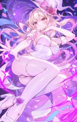 1girl alllisso blonde_hair blush breasts clothing_request floating floating_hair flower full_body hand_up hat highres indie_virtual_youtuber large_breasts long_hair looking_at_viewer magic outstretched_arm panties pantyhose pink_eyes purple_background red_flower smile solo underwear very_long_hair white_hat white_panties white_pantyhose witch_hat
