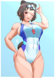 1girl animal_ears bear_ears bear_girl bear_tail blue_one-piece_swimsuit blush breasts brown_bear_(kemono_friends) brown_eyes covered_navel goggles goggles_on_head highleg highleg_one-piece_swimsuit highres kemono_friends kemono_friends_3 large_breasts looking_at_viewer multicolored_hair official_alternate_costume one-piece_swimsuit one_eye_closed open_mouth short_hair short_tail smile solo swimsuit tail two-tone_one-piece_swimsuit two-tone_swimsuit white_one-piece_swimsuit yongo_ichifu