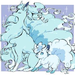2others alolan_form alolan_ninetales alolan_vulpix animal_ears animal_hands animal_nose blue_eyes closed_eyes full_body gen_7_pokemon highres multiple_others multiple_tails nintendo no_humans ohayou_milk out_of_frame pokemon pokemon_(creature) pokemon_sm sparkle tail white_fur