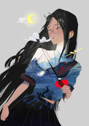 1girl absurdres black_hair blood blood_on_clothes bubble cloud crescent crown double_exposure glasses half-closed_eyes harp_seal heart highres long_hair looking_to_the_side ocean original school_uniform seal_(animal) serafuku shrimp_cc stab tentacles underwater veins waves white_fur