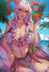 1girl armlet bare_shoulders bikini blue_hair blue_sky breasts cleavage cloud cloudy_sky curled_horns fire_emblem fire_emblem_heroes fish flower flower_necklace food freyja_(fire_emblem) freyja_(summer)_(fire_emblem) fruit goat goat_horns grey_hair hair_flower hair_ornament himmely holding holding_floatie holding_food holding_fruit horns inflatable_toy jewelry large_breasts long_hair looking_at_viewer mature_female multicolored_hair navel necklace nintendo ocean official_alternate_costume outdoors palm_tree pelvic_curtain pineapple red_eyes red_horns sky smile solo stuffed_goat swimsuit teeth thorns tree white_bikini white_hair