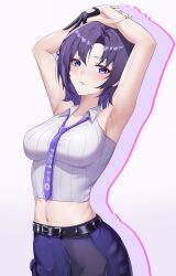 Rule 34 | 1girl, 1m5papa, a-soul, armpits, arms up, belt, belt buckle, black belt, black gloves, black nails, blue eyes, blush, breasts, buckle, carol (a-soul), chinese commentary, collared shirt, colored inner hair, commentary request, cowboy shot, crop top, drop shadow, gloves, half-skirt, highres, impossible clothes, impossible shirt, large breasts, linea alba, looking at viewer, midriff, multicolored hair, nail polish, navel, parted lips, purple hair, purple shorts, purple skirt, red lips, ribbed shirt, shirt, short hair, shorts, simple background, single glove, skirt, sleeveless, sleeveless shirt, solo, standing, streaked hair, white background, white shirt