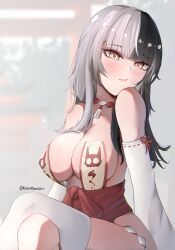 1girl absurdres black_hair breasts closed_mouth crossed_legs detached_sleeves eizuremon grey_hair highres hololive hololive_english large_breasts looking_at_viewer multicolored_hair ofuda ofuda_on_nipples pasties shiori_novella single_thighhigh solo split-color_hair thighhighs two-tone_hair virtual_youtuber white_sleeves white_thighhighs yellow_eyes