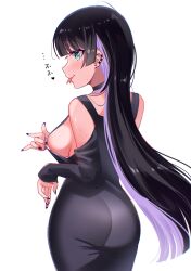 1girl absurdres ass black_choker black_dress black_hair black_nails blunt_bangs bocchi_the_rock! breasts choker colored_inner_hair commentary_request cowboy_shot dress ear_piercing erinko604 forked_tongue green_eyes highres hime_cut labret_piercing large_breasts long_hair looking_at_viewer looking_back multicolored_hair pa-san piercing pulling_own_clothes sideboob simple_background solo sweat tongue tongue_out white_background