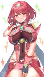 1girl blush breasts chest_jewel core_crystal_(xenoblade) cowboy_shot highres hip_vent large_breasts looking_at_viewer meipasuye pyra_(xenoblade) red_eyes red_hair red_shorts short_hair shorts simple_background smile solo sparkle tiara white_background xenoblade_chronicles_(series) xenoblade_chronicles_2