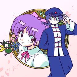 Rule 34 | 1girl, bandana, blue flower, braid, braided ponytail, brown eyes, chinese clothes, flower, lowres, p-chan, pig, ranma 1/2, saotome ranma, short hair, smile, tangzhuang, tendou akane, wanta (futoshi), yellow bandana