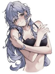 1girl bare_shoulders blue_eyes blue_hair blush bra breasts cleavage covering_breasts covering_privates crossed_arms hair_between_eyes head_wings highres honkai:_star_rail honkai_(series) kbnimated long_hair medium_breasts messy_hair robin_(honkai:_star_rail) shy sidelocks simple_background sweat underwear upper_body white_background wings