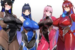 Rule 34 | 4girls, absurdres, ahoge, alternate costume, asymmetrical horns, black bodystocking, black leotard, blue bodysuit, blue eyes, blue fire, blue hair, blunt bangs, blunt ends, blush, bodysuit, breasts, closed mouth, colored inner hair, covered erect nipples, covered navel, elizabeth rose bloodflame, film grain, fire, fire on chest, flower, flower knot, grey background, hair intakes, hair ornament, hand on own hip, highleg, highleg leotard, highres, hime cut, hololive, hololive english, horn flower, horns, huge ahoge, huge breasts, impossible bodysuit, impossible clothes, leotard, long hair, looking at viewer, mole, mole under eye, mori calliope, multicolored hair, multiple girls, neige (pixiv6850453), nerissa ravencroft, official alternate hairstyle, ouro kronii, pink bodysuit, pink eyes, pink hair, purple eyes, red bodysuit, red eyes, red hair, short hair, sidelocks, simple background, skin tight, slit pupils, straight hair, taimanin (series), taimanin suit, tassel, tassel hair ornament, uneven horns, very long hair, virtual youtuber