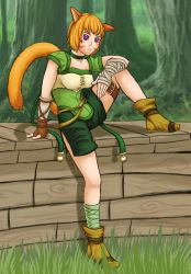 1girl absurdres animal_ears bandaged_arm bandaged_leg bandages belt_buckle boots breasts buckle cat_ears cat_girl cat_tail facial_mark fire_emblem fire_emblem:_path_of_radiance fire_emblem:_radiant_dawn forest frilled_thigh_strap green_shirt green_shorts highres laguz_(race) lankykonga large_breasts leg_up legs lethe_(fire_emblem) nature nintendo orange_hair purple_eyes shirt shoes short_hair short_sleeves shorts sitting solo tail thigh_strap