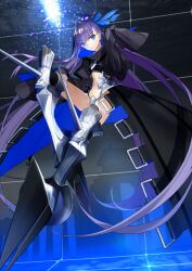 1girl absurdly_long_hair armored_boots black_jacket black_skirt black_thighhighs blue_eyes blue_jacket blue_ribbon blue_skirt boots breasts chain closed_mouth cropped_jacket crotch_plate dynamic_pose expressionless fate/grand_order fate_(series) floating_hair full_body grey_boots grid hair_between_eyes hair_ribbon hand_up high_collar jacket juliet_sleeves knee_spikes knee_up long_hair long_skirt long_sleeves looking_at_viewer meltryllis_(fate) navel official_art platform_boots puffy_sleeves purple_hair ribbon showgirl_skirt skirt sleeves_past_fingers sleeves_past_wrists solo spikes thighhighs third-party_source two-sided_fabric two-sided_jacket two-sided_skirt variant_set very_long_hair wada_arco