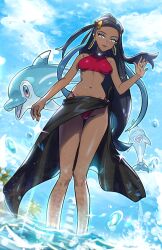 1girl absurdres alternate_costume bikini black_hair black_sarong blue_eyes blue_hair breasts crop_top dark-skinned_female dark_skin earrings finizen hair_bun highres hoop_earrings jewelry long_hair looking_at_viewer multicolored_hair navel necklace nessa_(pokemon) nintendo palafin palafin_(zero) pokemon pokemon:_twilight_wings pokemon_(creature) red_bikini ryairyai sarong single_hair_bun smile solo swimsuit two-tone_hair