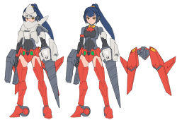 1girl 30_minutes_sisters blue_hair boots breasts brown_eyes covered_navel doll_joints drill frown getter-2 getter_robo getter_robo_(classic) highres holding joints mecha_musume armored_boots parody personification ponytail red_footwear small_breasts standing style_parody tanimeso thigh_boots thighhighs v-shaped_eyebrows wheel white_background