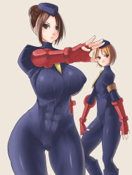 Rule 34 | 2girls, abs, arm behind back, armband, armor, between breasts, bodysuit, boots, breasts, brown eyes, brown hair, capcom, closed mouth, contrapposto, covered erect nipples, covered navel, expressionless, fingerless gloves, garrison cap, gloves, grey background, hair bun, hair over one eye, hand on own thigh, hat, highleg, highleg leotard, hip bones, hip focus, huge breasts, juli (street fighter), juni (street fighter), leotard, looking at viewer, multiple girls, nagase haruhito, necktie, necktie between breasts, orange eyes, orange hair, outstretched arm, pantyhose, parted bangs, red gloves, ribbed leotard, short hair, simple background, single hair bun, skin tight, small breasts, spandex, standing, street fighter, thick thighs, thighs, toned, toned female, vambraces, wide hips