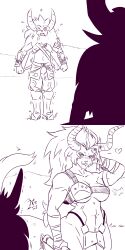 1boy 1girl absurdres armor belt_bra bikini_armor breasts centaur highres horns large_breasts licking_lips link lynel monster_girl muscular muscular_female nintendo plague_of_gripes taur the_legend_of_zelda the_legend_of_zelda:_breath_of_the_wild tongue tongue_out underboob