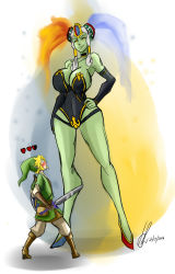 absurdres blood blush breasts colored_skin giant giantess green_skin highres huge_breasts link nintendo nosebleed the_legend_of_zelda the_legend_of_zelda:_ocarina_of_time twinrova witch