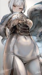 1girl absurdres akershus_fortress_(oshiro_project) artist_name black_corset blue_cape blue_eyes blush bodysuit braid breasts cape center_frills closed_mouth commission corset covered_navel cowboy_shot frilled_shirt frills from_below fur-trimmed_cape fur_trim grey_hair hair_ornament highres large_breasts looking_at_viewer oshiro_project:re ribbed_shirt shirt signature skeb_commission soleil_(soleilmtfbwy03) solo swept_bangs tight_clothes white_bodysuit white_shirt
