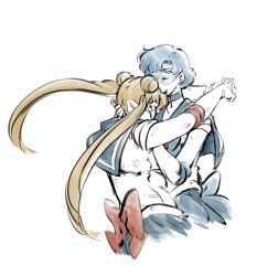 Rule 34 | 2girls, back bow, bishoujo senshi sailor moon, blonde hair, blue bow, blue hair, blue sailor collar, blue skirt, bow, closed eyes, elbow gloves, gloves, head-mounted display, highres, hug, long hair, mercuri0ff, mizuno ami, multiple girls, red bow, sailor collar, sailor mercury, sailor senshi uniform, shirt, short hair, simple background, skirt, tsukino usagi, white background, white shirt