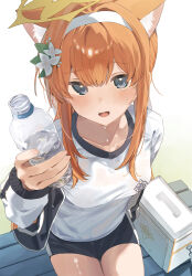 Rule 34 | 1girl, absurdres, animal ear fluff, animal ears, black jacket, black shorts, blue archive, blush, bottle, cat ears, commentary request, first aid kit, flower, gym shirt, gym uniform, hair flower, hair ornament, halo, headband, higa (gominami), highres, incoming object, jacket, jacket partially removed, looking at viewer, mari (blue archive), mari (track) (blue archive), official alternate costume, orange hair, shirt, shorts, sidelocks, sitting, smile, solo, sweat, thighs, track jacket, water bottle, white headband