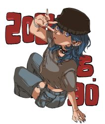 Rule 34 | 1girl, alternate costume, black choker, black hat, blue eyes, blue hair, blue nails, blue shorts, choker, contemporary, dated, ear piercing, female byleth (fire emblem), fingernails, fire emblem, fire emblem: three houses, grey shirt, hat, highres, invisible chair, jewelry, long hair, looking at viewer, midriff, multiple rings, nintendo, piercing, ring, s oxox, shirt, short sleeves, shorts, sitting, solo, spiked choker, spikes, tongue, tongue out, v, white background