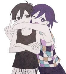 2boys :t ;d antenna_hair armpits bare_arms bare_shoulders black_eyes black_hair black_tank_top bright_pupils checkered_clothes chinese_commentary collarbone colored_skin commentary_request cowboy_shot crossed_arms double-parted_bangs empty_eyes expressionless hair_behind_ear hair_between_eyes highres kel_(headspace)_(omori) kel_(omori) looking_at_viewer male_focus multiple_boys no_pupils omori omori_(omori) one_eye_closed open_mouth pants purple_eyes purple_hair purple_pants simple_background smile standing striped_clothes striped_pants tank_top tongue ukasia vertical-striped_clothes vertical-striped_pants w white_background white_pants white_pupils white_skin