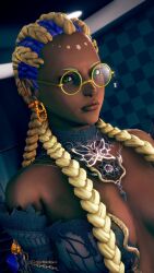 1girl 3d bodypaint braid braided_ponytail breasts cleavage collar dark-skinned_female dark_skin dolores_(kof) dress female_focus glasses gold green_eyes jewelry large_breasts long_hair looking_at_viewer mcm82 multicolored_hair necklace open_clothes purple_hair round_eyewear standing the_king_of_fighters thick_lips two-tone_hair white_hair