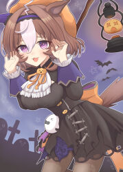 Rule 34 | 1girl, :3, @ @, absurdres, ahoge, animal ears, ascot, back bow, bat (animal), black dress, blush, bow, breasts, brown hair, commentary request, cross, dress, ear covers, ghost ornament, hair between eyes, hairband, highres, horse ears, horse girl, horse tail, juliet sleeves, lantern, large breasts, long sleeves, looking at viewer, meisho doto (dot-o&#039;-lantern) (umamusume), meisho doto (umamusume), multicolored hair, nankanashi, official alternate costume, open mouth, orange bow, orange headwear, outdoors, puffy sleeves, pumpkin, purple eyes, purple hairband, short hair, single ear cover, solo, staff, star (symbol), streaked hair, tail, umamusume, white ascot, white hair