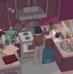 1girl animated animated_gif book brick_wall brown_shirt cabinet can canned_food cereal chopsticks coffee_maker coffee_mug commentary cooking counter crate cup dish_rack dishes doodlebozo drawer dripping english_commentary faucet female_focus flower food from_above from_behind frying_pan highres indoors jar kettle kitchen kitchen_hood kitchen_knife knife_block long_sleeves mug noodles note open_book original oven pants paper_towel pink_flower pink_rose pitcher_(container) plant potted_plant purple_hair ramen rose shirt short_hair sink slice_of_life solo spatula spoon standing steam stove striped_clothes striped_pants sunlight vertical-striped_clothes vertical-striped_pants water window window_shadow wok
