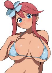 1girl areola_slip bikini blue_bikini blue_eyes blush breasts breasts_apart ecgg_(tsuji418477) hair_ornament highres large_breasts long_sidelocks looking_at_viewer micro_bikini navel nintendo one_side_up pokemon pokemon_bw red_hair sidelocks simple_background skyla_(pokemon) solo swimsuit tan upper_body white_background