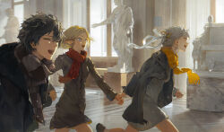 1boy 2girls alternate_costume black_hair blonde_hair blue_eyes bow breasts brown_coat brown_jacket brown_scarf cartethyia_(wuthering_waves) chinese_commentary closed_eyes coat commentary_request dino_(dinoartforame) dress earrings facing_ahead grey_coat grey_dress hair_bow hand_grab highres indoors jacket jewelry jinhsi_(wuthering_waves) long_hair looking_ahead male_rover_(wuthering_waves) multiple_girls open_mouth pointy_ears red_scarf rover_(wuthering_waves) running scarf small_breasts white_bow white_eyes white_hair wuthering_waves yellow_scarf