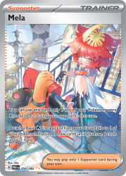Rule 34 | 0 rika 0, 1girl, ahoge, artist name, belt, black gloves, black lips, blonde hair, boots, card (medium), character name, choker, closed eyes, closed mouth, colored eyelashes, company name, copyright name, copyright notice, elbow gloves, english text, freckles, gen 3 pokemon, gloves, green eyes, lamppost, lipstick, makeup, mela (pokemon), multicolored hair, nintendo, official art, pokemon, pokemon (creature), pokemon card, pokemon sv, pokemon tcg, railing, red belt, red boots, red choker, red hair, sitting, smoke, team star, third-party source, torkoal, trading card, two-tone hair