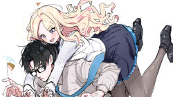 1boy 1girl black-framed_eyewear black_hair black_shoes blazer blonde_hair blue_necktie blue_skirt blush brown_pantyhose commentary_request crepe food gakuen_idolmaster glasses heart hetero idolmaster jacket juo_sena kasasagi_(futagodori888) leaning_on_person long_hair long_sleeves multicolored_hair necktie pantyhose pink_hair producer_(idolmaster) shoes simple_background skirt smile streaked_hair two-tone_hair very_long_hair white_background white_jacket