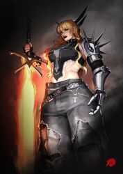 Rule 34 | 1girl, absurdres, armor, blonde hair, blue eyes, breasts, denim, gloves, highres, holding, holding sword, holding weapon, jeans, long hair, magik (x-men), marvel, marvel rivals, pants, shibewave, solo, spikes, sword, weapon, x-men