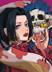 Rule 34 | 1girl, black hair, blue eyes, boa hancock, commentary request, earrings, eyelashes, fangs, highres, jewelry, looking at viewer, one piece, parted lips, red lips, salome (one piece), shiyuzai, sidelocks, simple background, skull, snake, snake earrings, upper body
