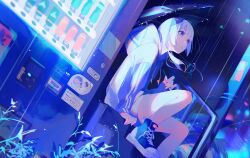 1girl absurdres alternate_costume blue_eyes blue_hoodie blunt_bangs cevio city city_lights commentary diamond_hair_ornament expressionless foot_out_of_frame from_below hair_ornament hair_over_shoulder highres hood hood_down hoodie kafu_(cevio) kamitsubaki_studio looking_ahead low_twintails multicolored_eyes night rain red_eyes ritao_kamo shoes sitting sitting_on_stairs sneakers solo stairs twintails two-tone_hoodie umbrella urban vending_machine white_hair white_hoodie