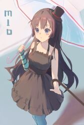 1girl akiyama_mio arm_warmers black_dress black_hair black_hat blue_eyes blue_pantyhose character_name closed_mouth commentary dress hat highres holding holding_umbrella hu_pi_xuan_jiao k-on! long_hair mini_hat pantyhose single_arm_warmer solo umbrella