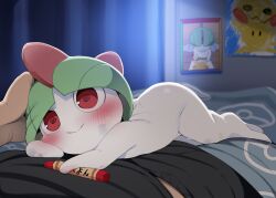 1boy 1girl @_@ blush child&#039;s_drawing closed_mouth crayon dagasi gen_1_pokemon gen_3_pokemon green_hair highres indoors lying nintendo pikachu pokemon pokemon_(creature) ralts red_eyes smile white_fur