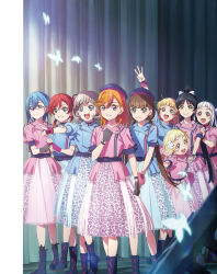 6+girls arashi_chisato artbook beret black_gloves black_hair blonde_hair blue_eyes blue_hair blue_jacket blue_skirt boots bow bowtie brown_hair bug butterfly double_bun fingerless_gloves gloves green_eyes grey_hair hair_between_eyes hair_bun hat hazuki_ren heanna_sumire highres insect jacket long_hair looking_at_viewer love_live! love_live!_superstar!! multiple_girls non-web_source official_alternate_costume official_art onitsuka_natsumi open_mouth orange_eyes orange_hair pink_eyes pink_gloves pink_jacket pink_skirt pointing ponytail purple_eyes red_eyes red_hair sakurakoji_kinako shibuya_kanon short_hair short_sleeves skirt smile standing tang_keke twintails v wakana_shiki we_will!!_(love_live!) white_bow white_bowtie white_hair yellow_eyes yoneme_mei